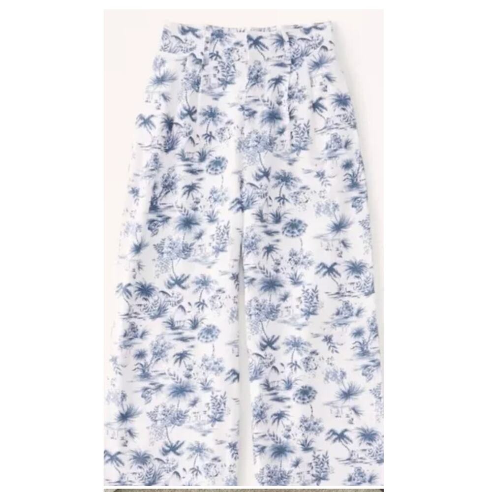 Abercrombie & Fitch Toile Tropical Print Linen Blend Wide Leg Pants Size Large
